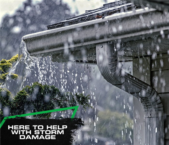 Image of rain overflowing from roof gutters with the caption: Here to Help with Storm Damage